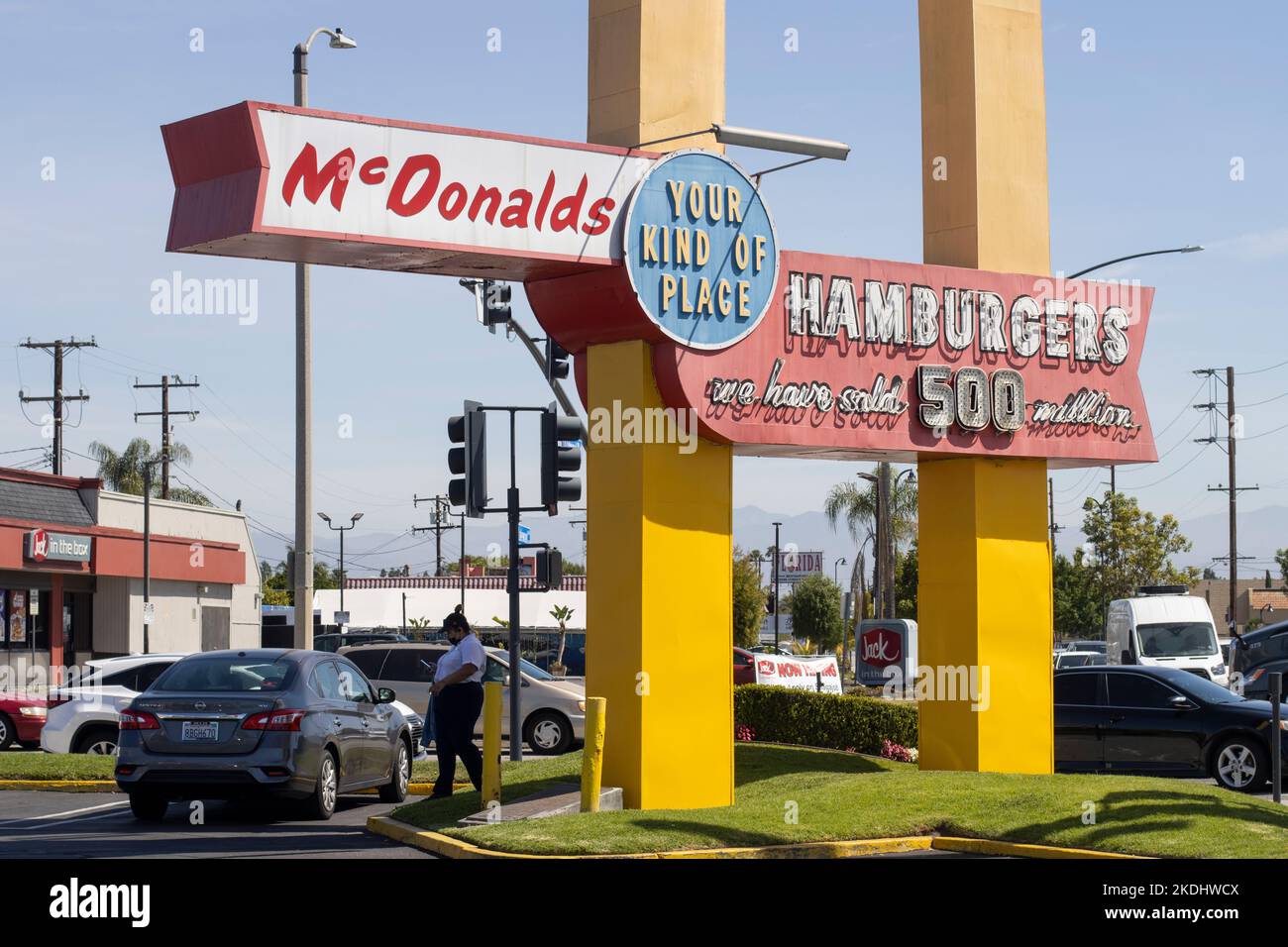 The sign outside the oldest remaining McDonald's restaurant that sits in Downey, California, outside of Los Angeles, seen on Tuesday, May 10, 2022. Stock Photo