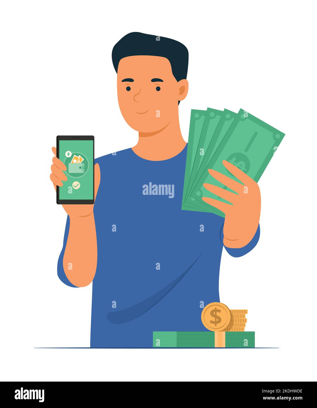 Man Getting Cash Money from Online Money Transfer by Smartphone Concept Illustration Stock Vector