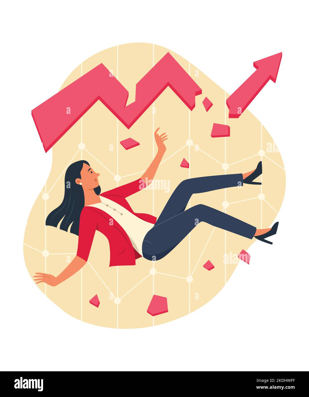 Businesswoman Falling Down from Broken Graph Chart Concept Illustration Stock Vector