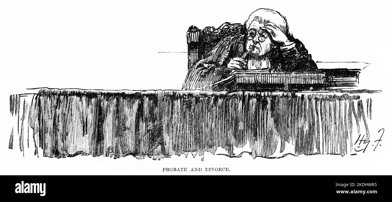 Engraving of a judge presiding over divorces and probate in a 19th