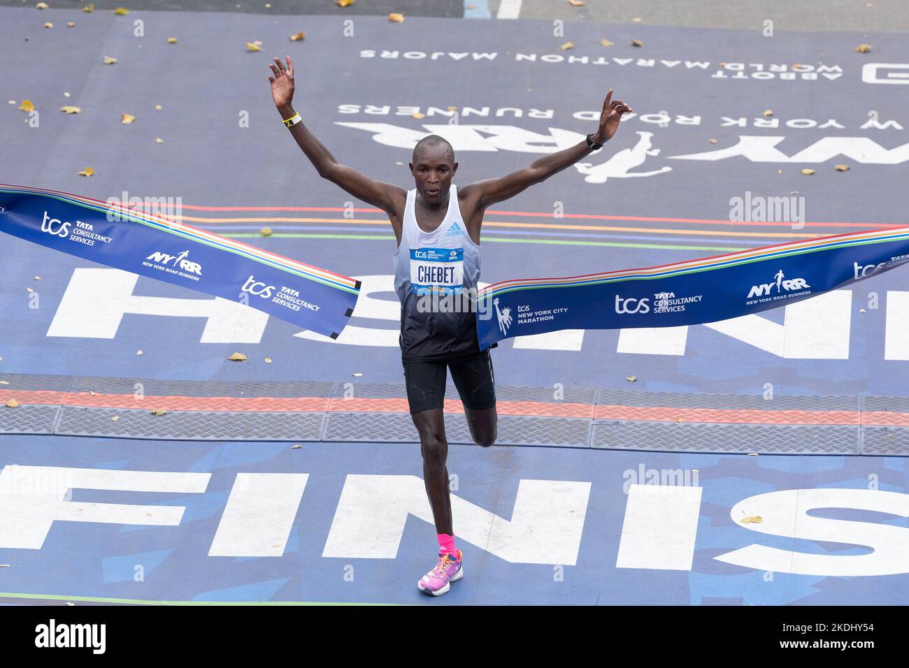 New York, USA. 06th Nov, 2022. Evans Chebet of Kenya crosses the finish