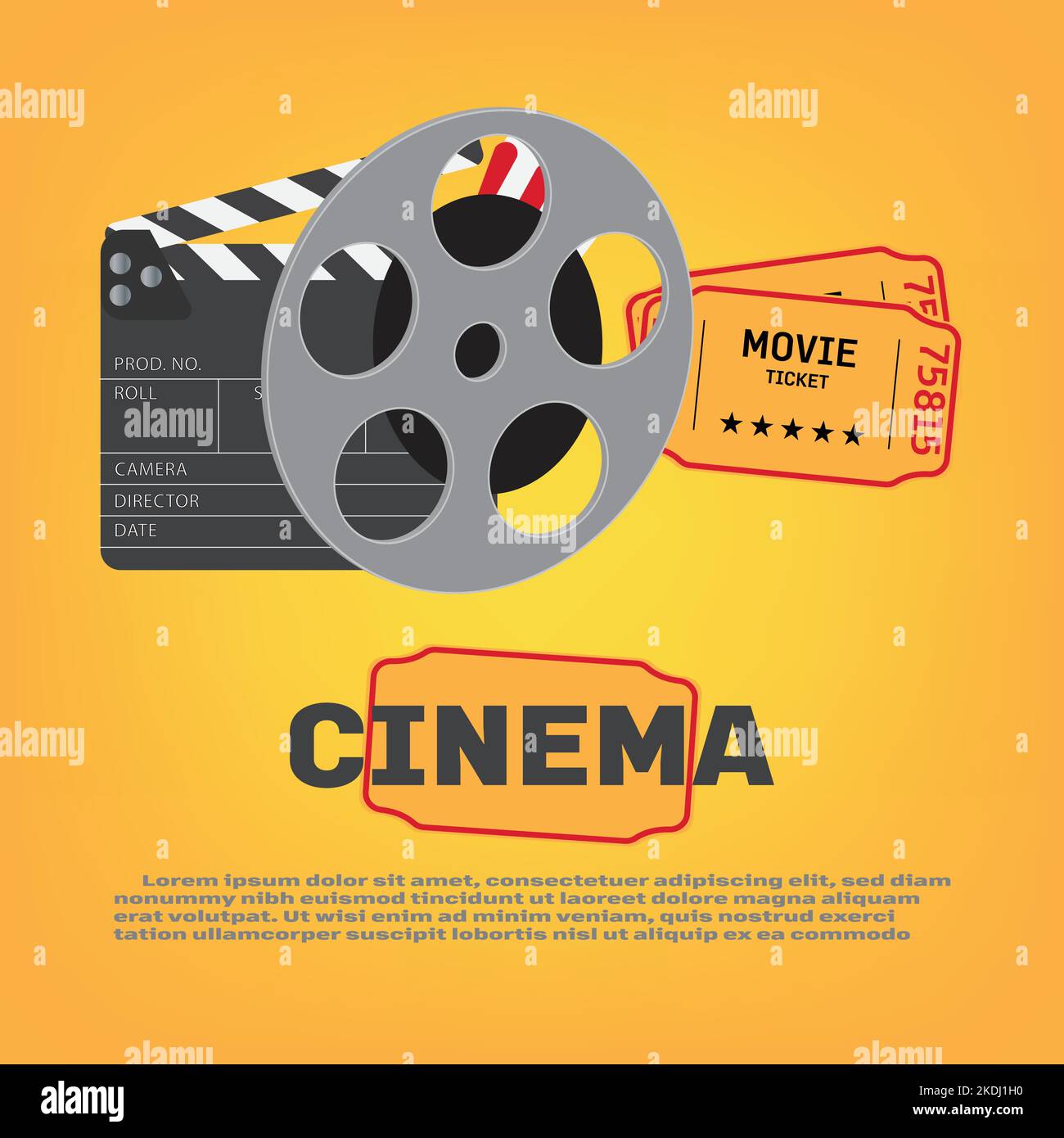 Cinema poster concept on yellow background. Composition with popcorn, clapperboard Stock Vector