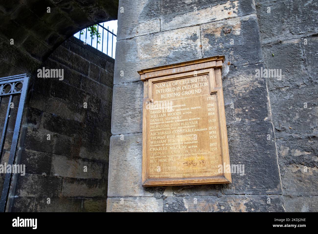 Old Calton Burying burial ground plaque to famous celebrities buried here,Edinburgh,Scotland,UK, summer 2022 Stock Photo