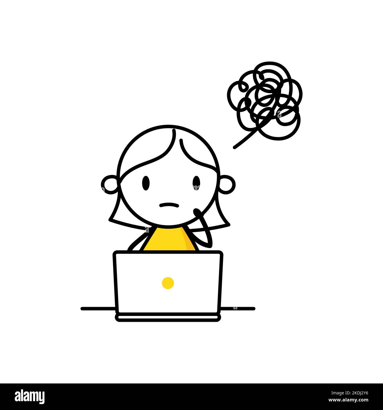 Unhappy woman with laptop busy to finish project within deadline. Tired office worker. Work stress, fatigue from overworked, anxiety or exhaustion, he Stock Vector