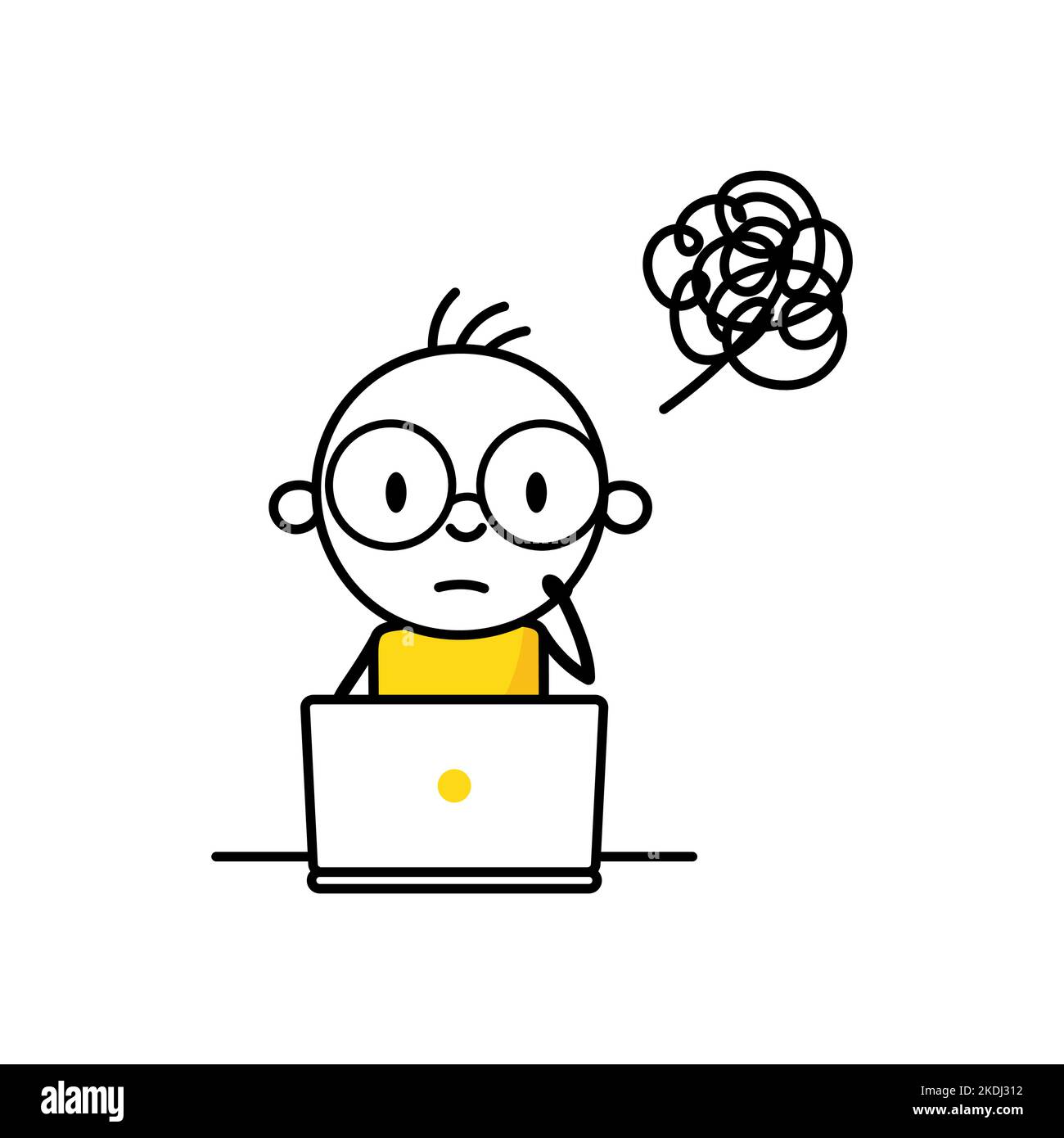 Unhappy man with laptop busy to finish project within deadline. Tired office worker. Work stress, fatigue from overworked, anxiety or exhaustion, head Stock Vector