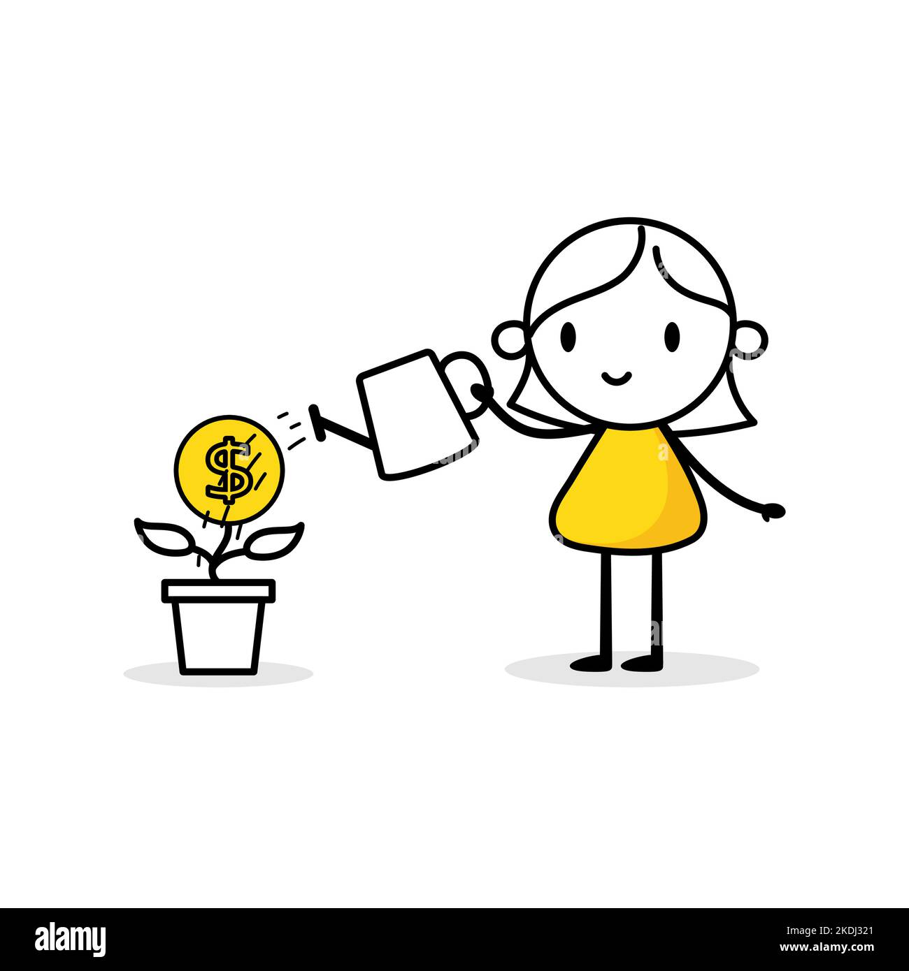 Woman is watering a money tree with a watering can. Boy gardener grows