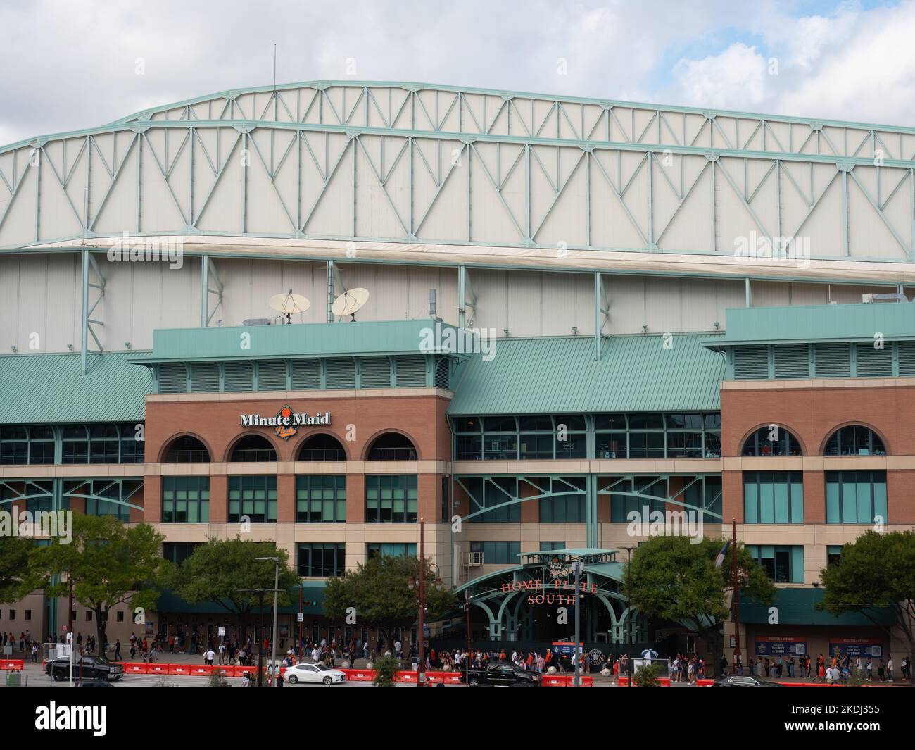 Exterior of the Minute Maid Stadium in Houston, Texas, where the Astros won the 2022 World Series. Fans are lined up to enter the team store. Stock Photo