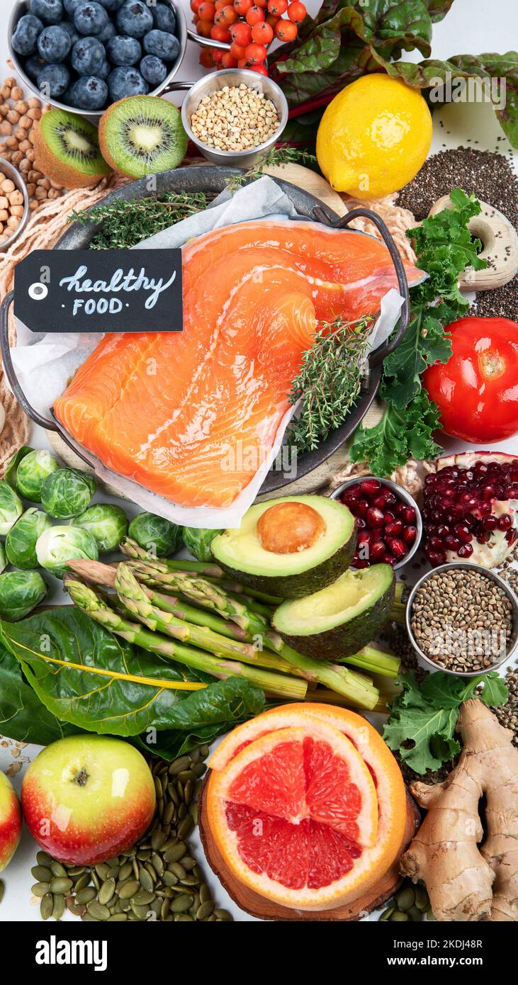 Balanced diet food background. Nutrition, clean eating food concept