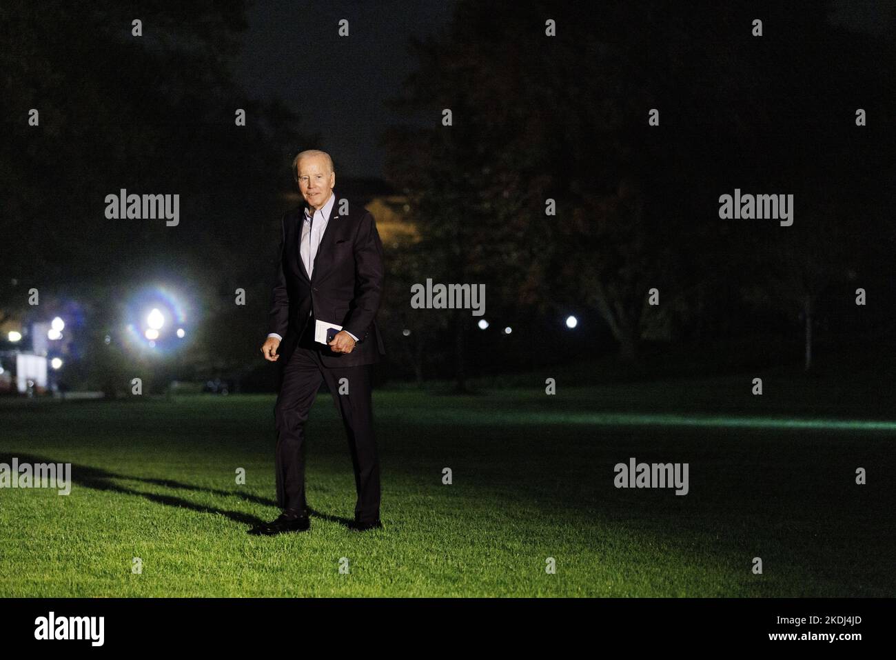 Washington, United States. 06th Nov, 2022. US President Joe Biden walks on the South Lawn of the White House after arriving on Marine One in Washington, DC on Sunday, November 6, 2022. The White House yesterday sought to reframe comments by Biden on closing coal plants as part of a US 'energy transition,' days before midterm elections with Democratic congressional majorities at stake. Photo by Ting Shen/UPI Credit: UPI/Alamy Live News Stock Photo