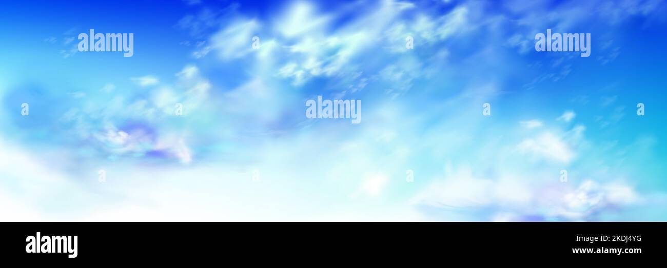 Heaven sky with blue and white soft fluffy clouds abstract natural background. Realistic tranquil cloudscape view, vivid fantasy panoramic backdrop, beautiful skyey paradise, 3d vector illustration Stock Vector