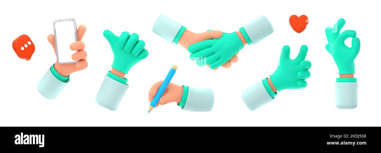 3d render, doctor hands, medical staff palms in robe and gloves ok and thumb up gestures, handshake, writing notes, love heart and holding smartphone isolated set Cartoon Illustration in plastic style Stock Photo