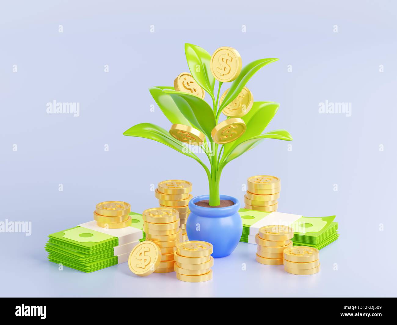 Money tree 3d render concept with potted plant with gold coins on branches and scatter around with dollar bills. Investment, financial wealth, savings, isolated illustration in cartoon plastic style Stock Photo