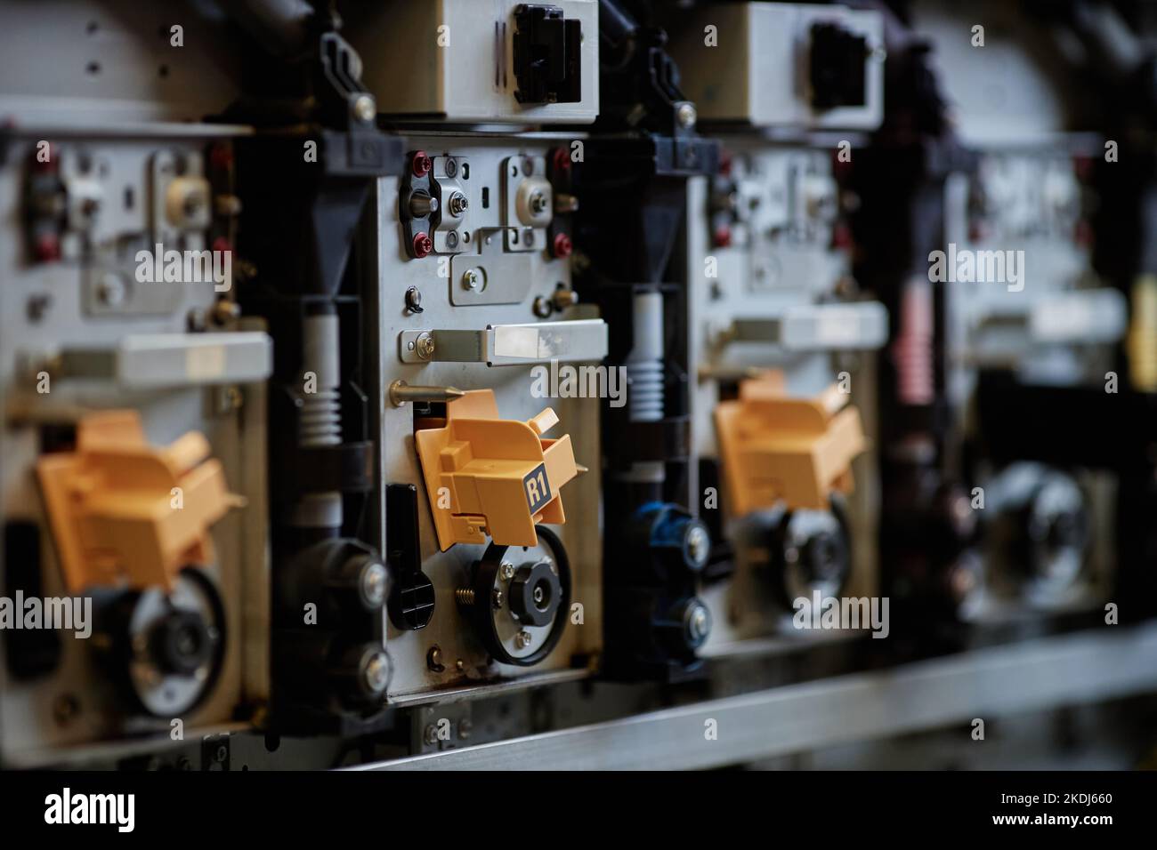 Close up background image of complex printing machine parts in industrial shop, copy space Stock