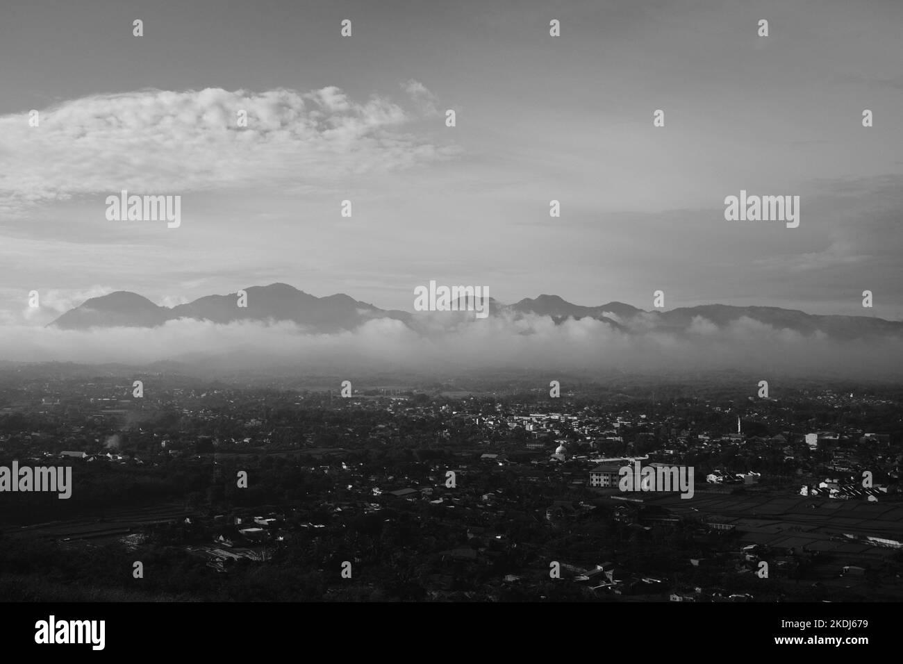 Black and white, Monochrome photo of a valley with an urban view in Cicalengka - Indonesia Stock Photo
