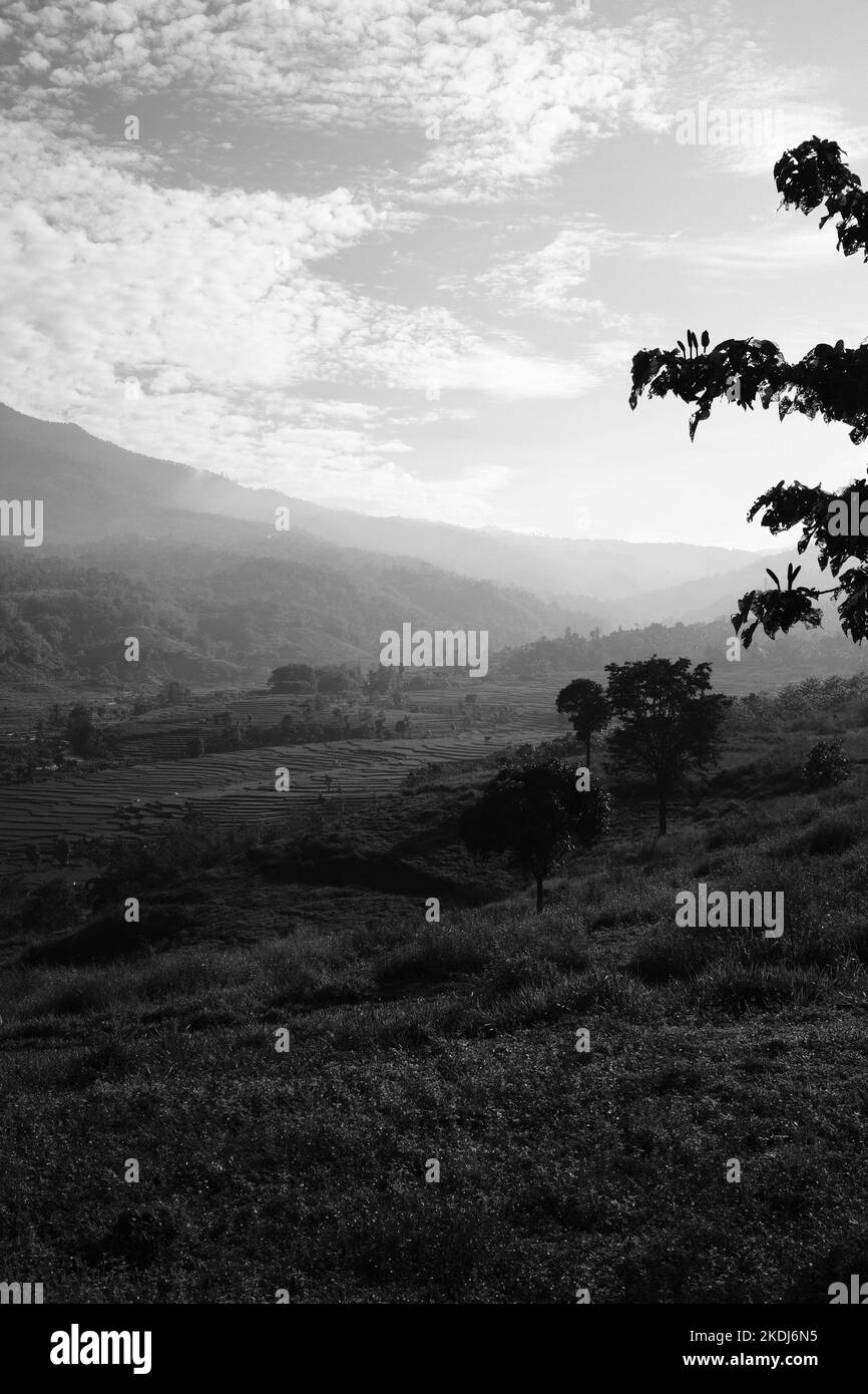 Black and white photo, Monochrome photo of a view of the hills and ...