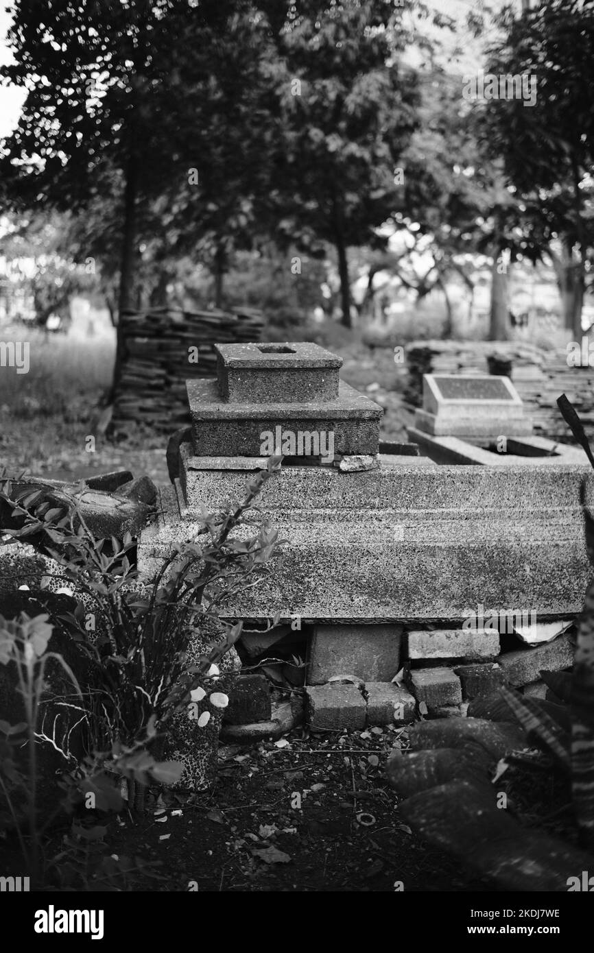 Black and white photo, Monochrome photo of a pile of flat stones for gravestones in Cicalengka - Indonesia Stock Photo