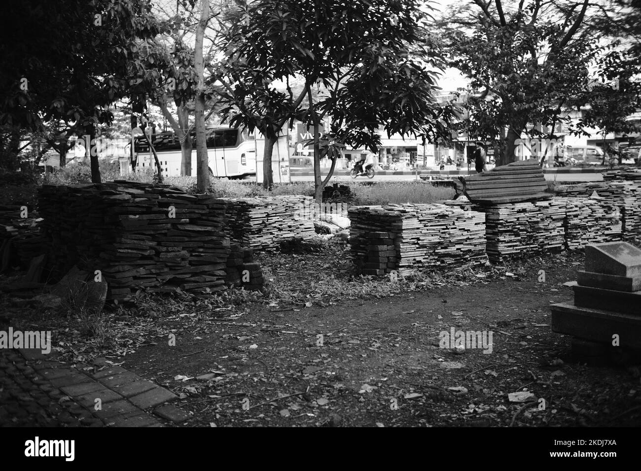 Black and white photo, Monochrome photo of a pile of flat stones for gravestones in Cicalengka - Indonesia Stock Photo