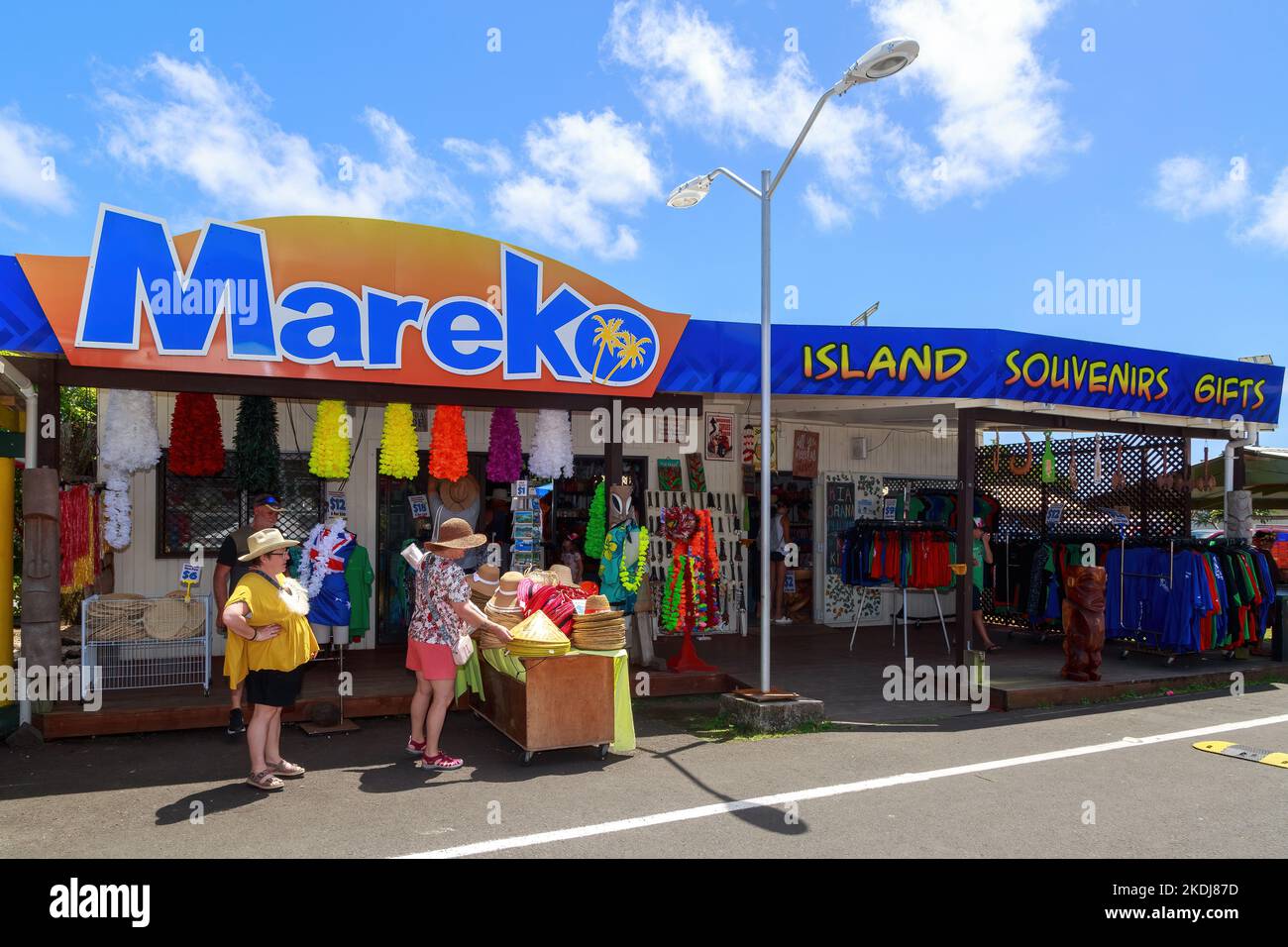 A gift shop at the Punanga Nui market in Rarotonga. Cook Islands, selling clothing, leis, and