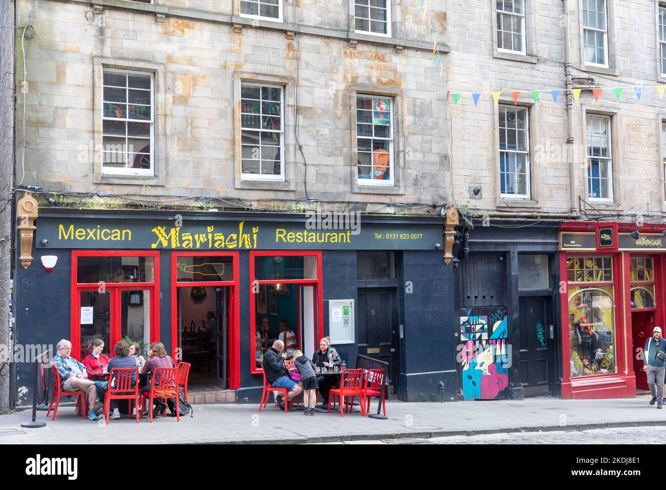 Edinburgh Scotland people dining eating outside Mariachi mexican restaurant, Scotland,UK,summer