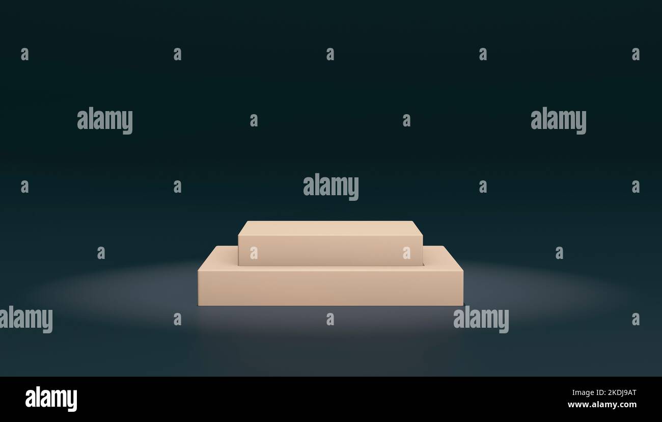 Empty rectangular white catwalk in pale blue space of studio background ...