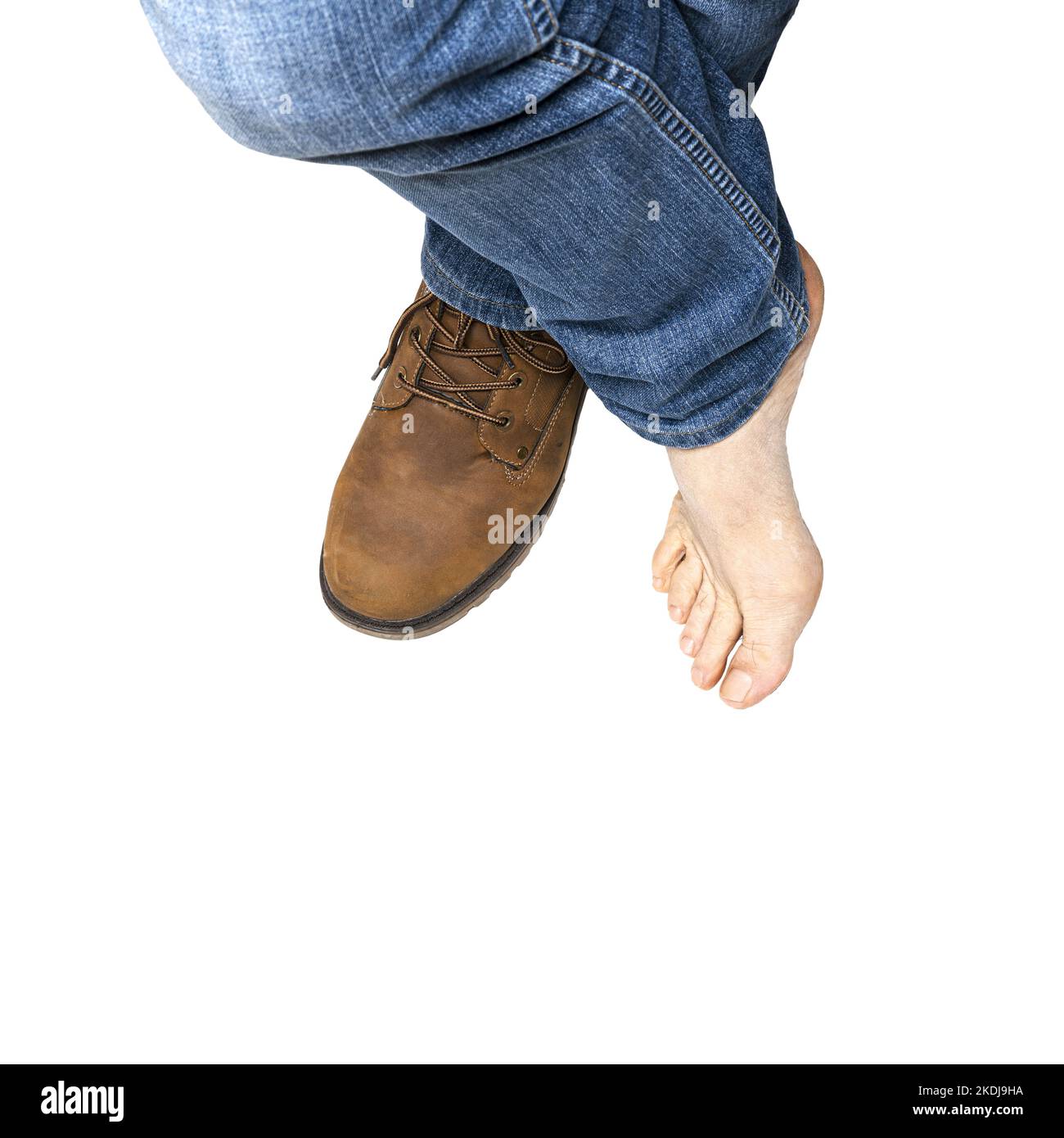 one foot with shoe and one barefoot on a transparent background Stock ...