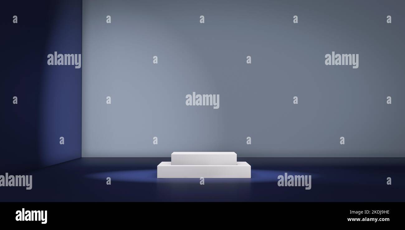 Empty rectangular podium in blue studio. Exhibition and business presentation stage. 3D illustration. Stock Photo
