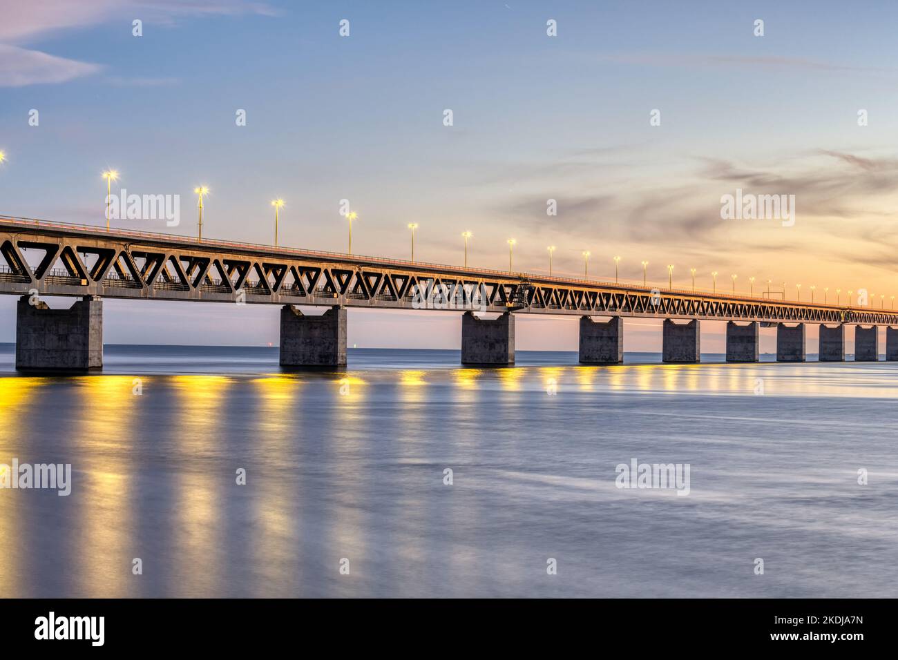 Part of the famous Oresund bridge between Denmark and Sweden after sunset Stock Photo