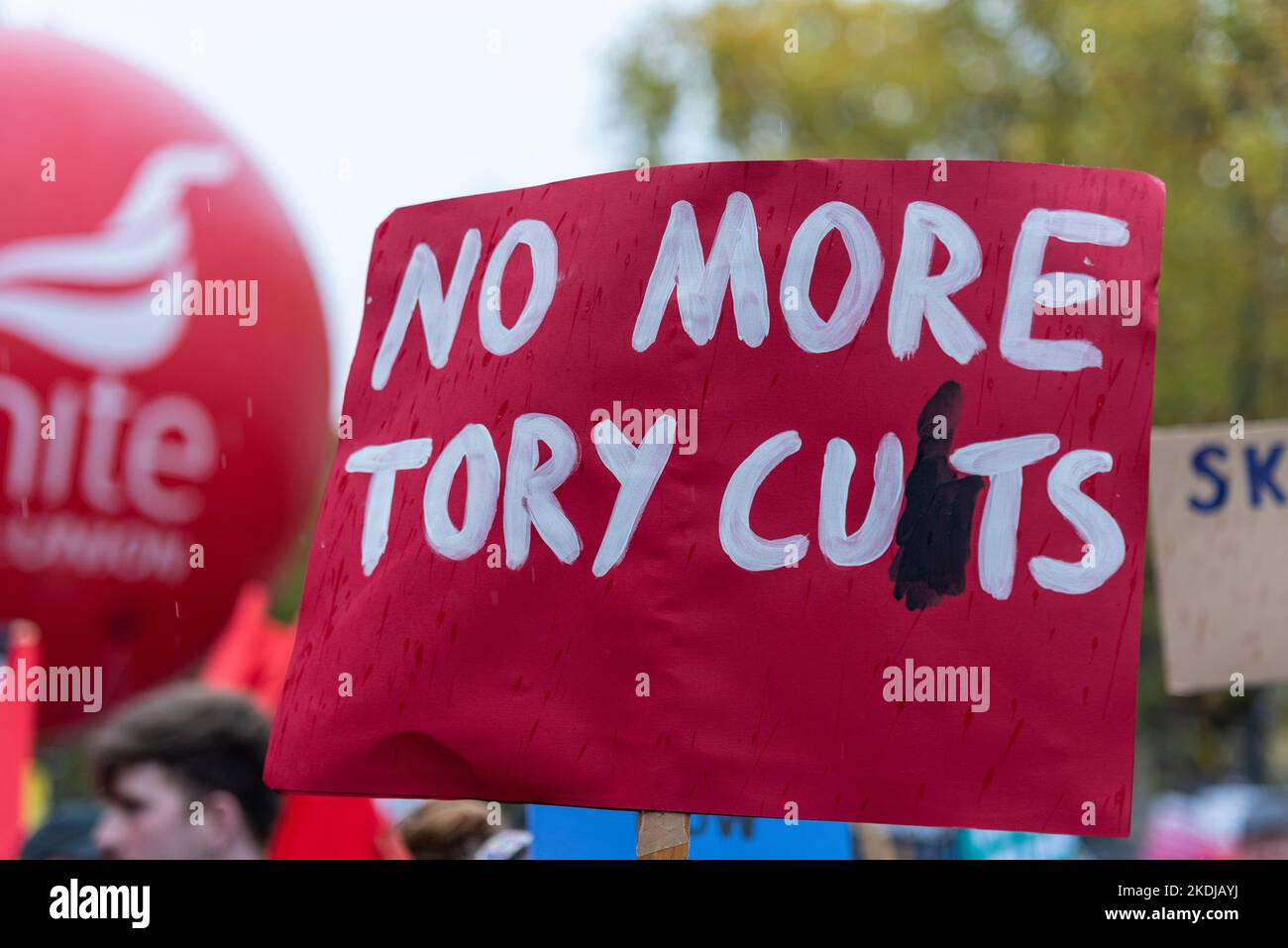 No more Tory cuts sign at a protest in London against Conservative government austerity measures, calling for a general election and higher wages. Stock Photo