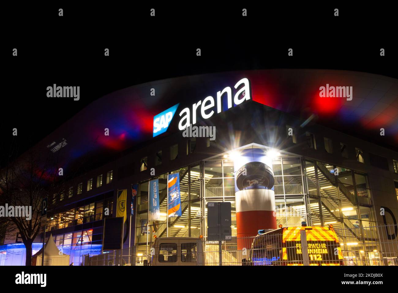 Night shot of the brightly lit SAP Arena in Mannheim during a home game