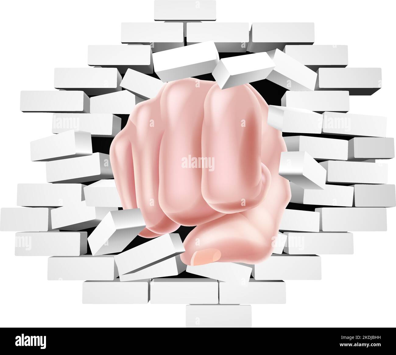 Fist Hand Punching Through a Brick Wall Concept Stock Vector