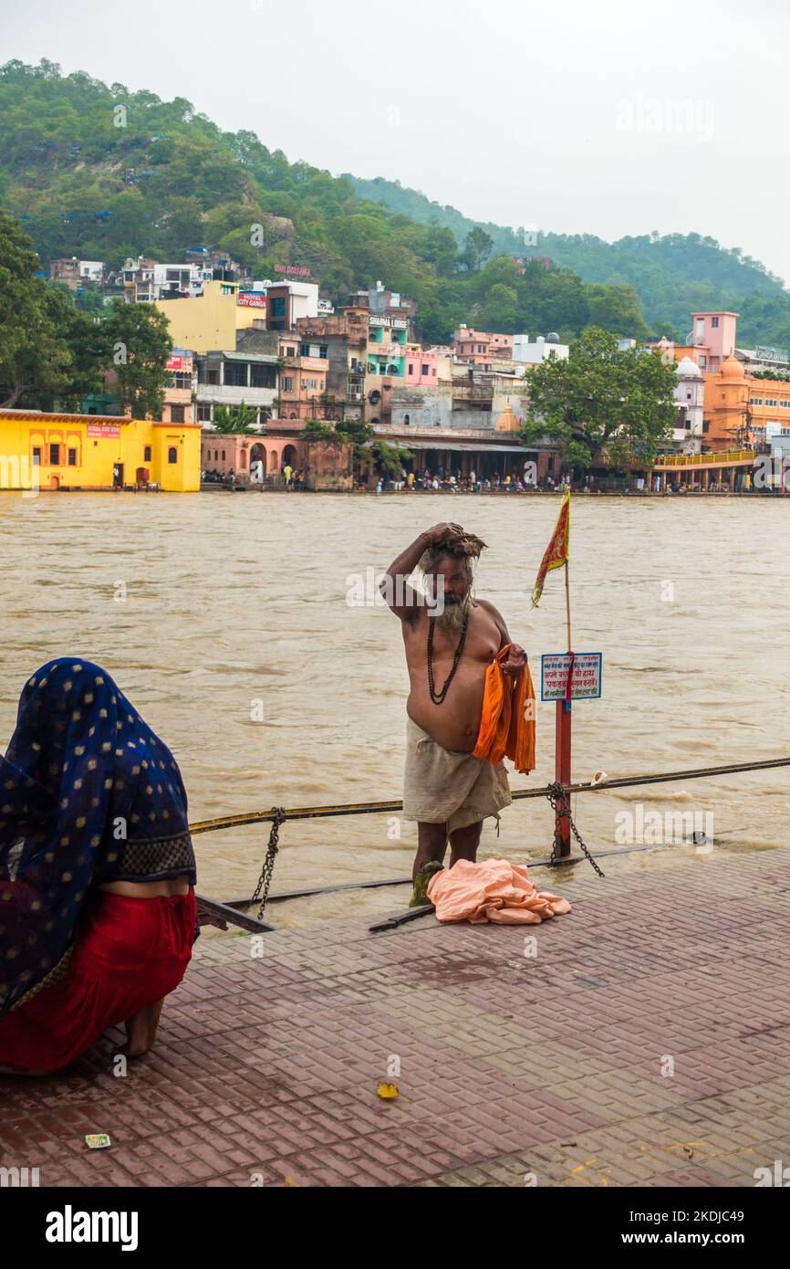 July 8th 2022 Haridwar India. An Indian Sadhu bathing in the holy Ganges River. Stock Photo