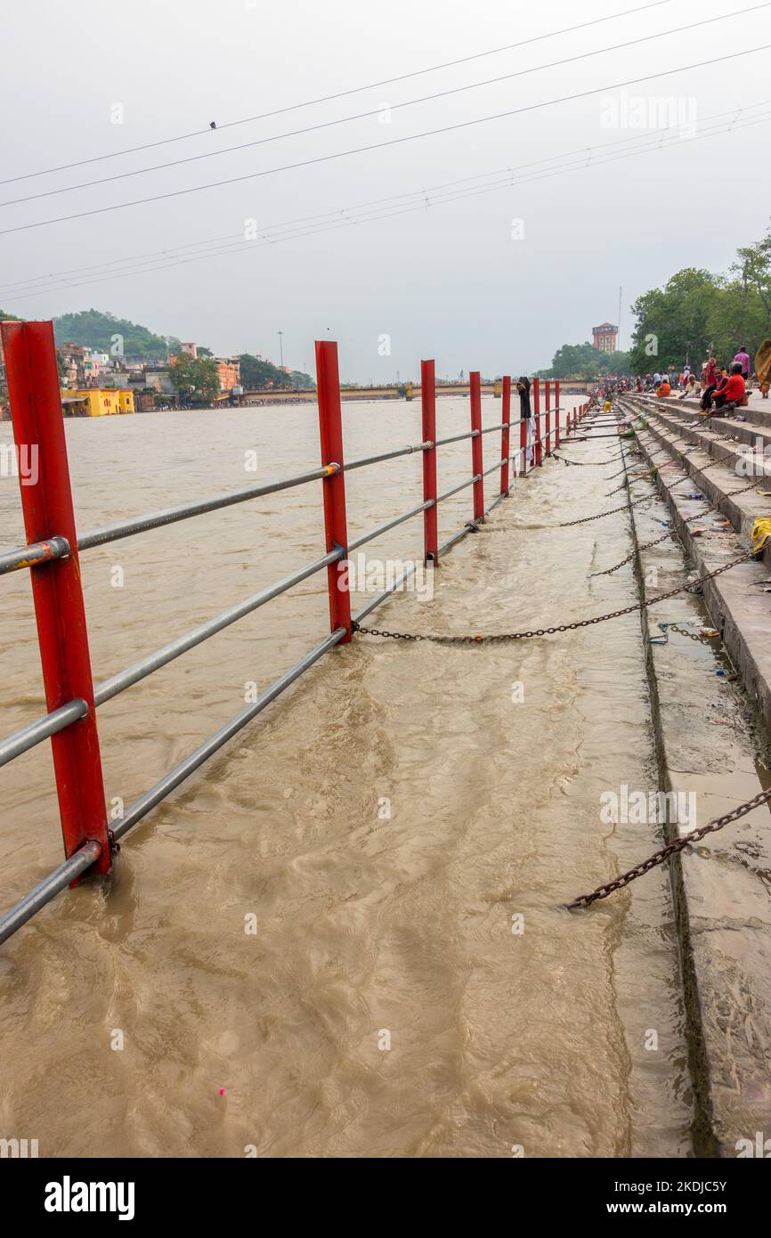 July 8th 2022 Haridwar India. Chains and Iron barricading at the ghats or banks of river Ganges for public safety during bathing. Stock Photo