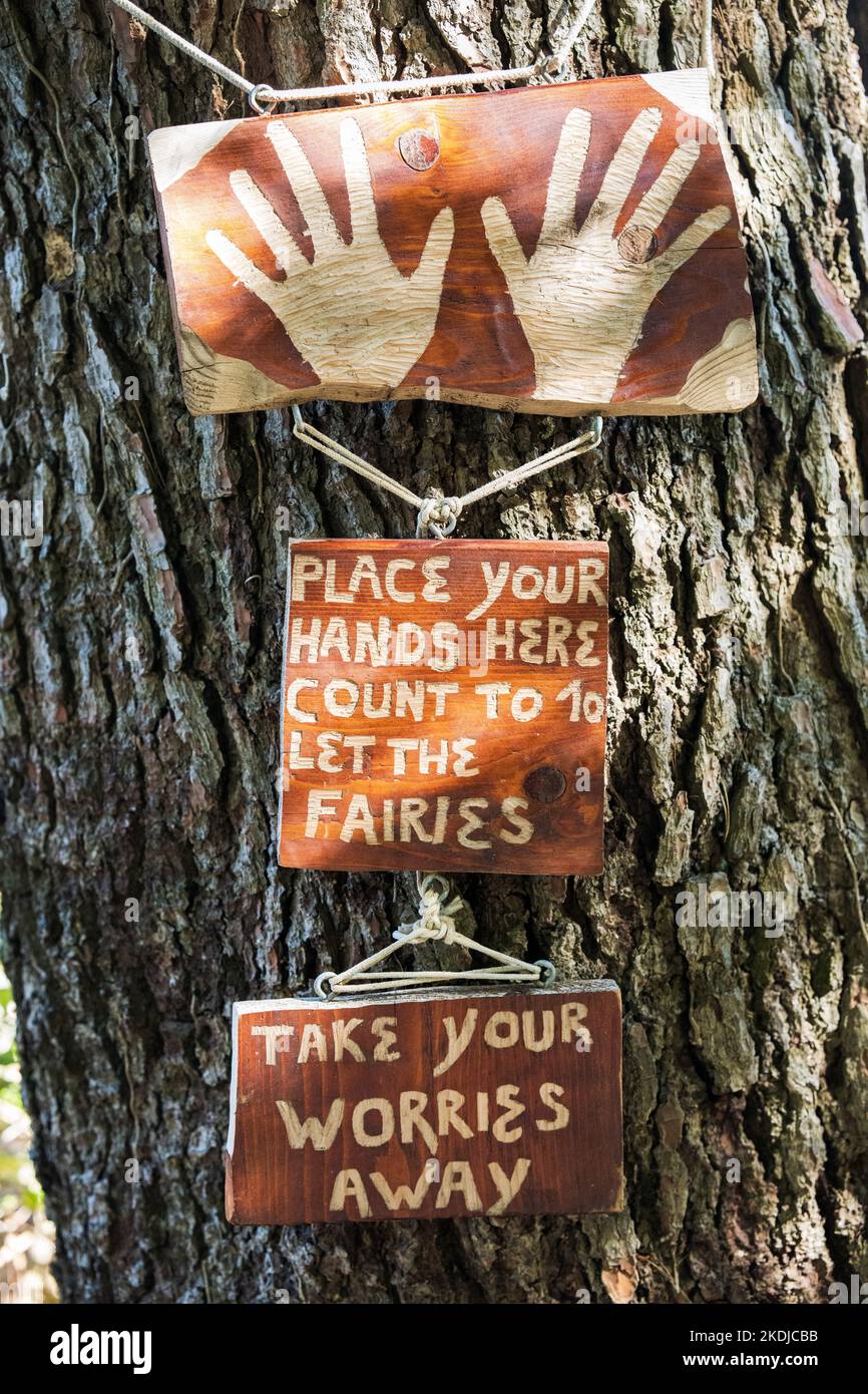 Fairie Sign hanging on a tree Stock Photo