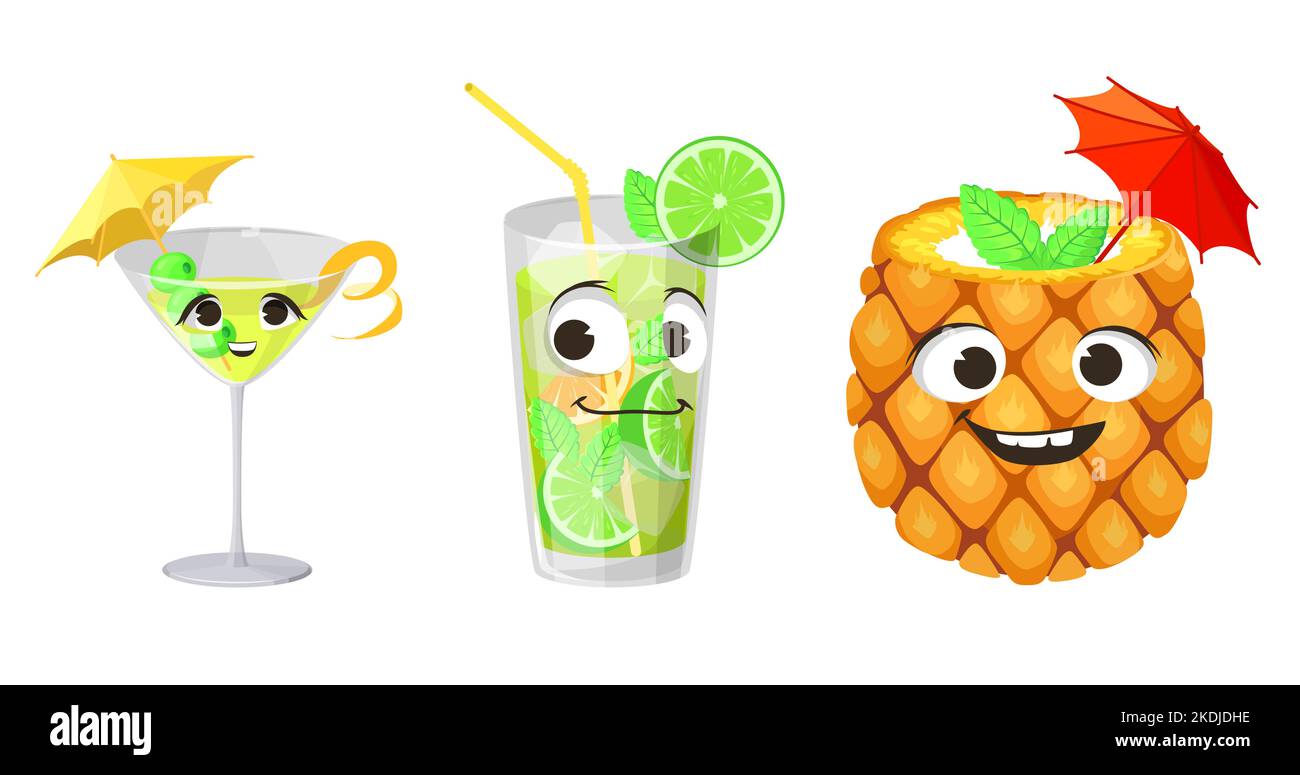 Exotic cocktail mascot cartoon face vector set Stock Vector
