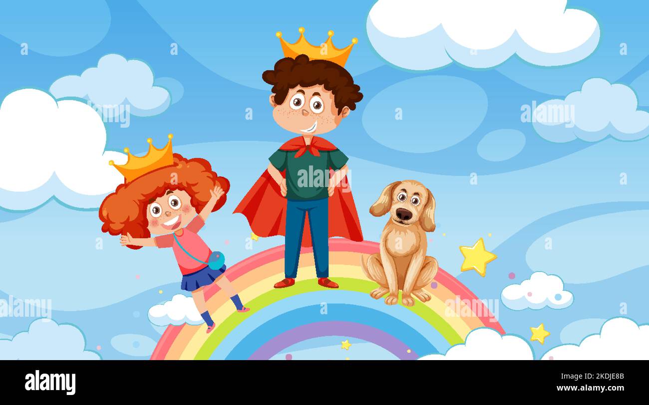 Children on rainbow in the sky illustration Stock Vector Image & Art ...