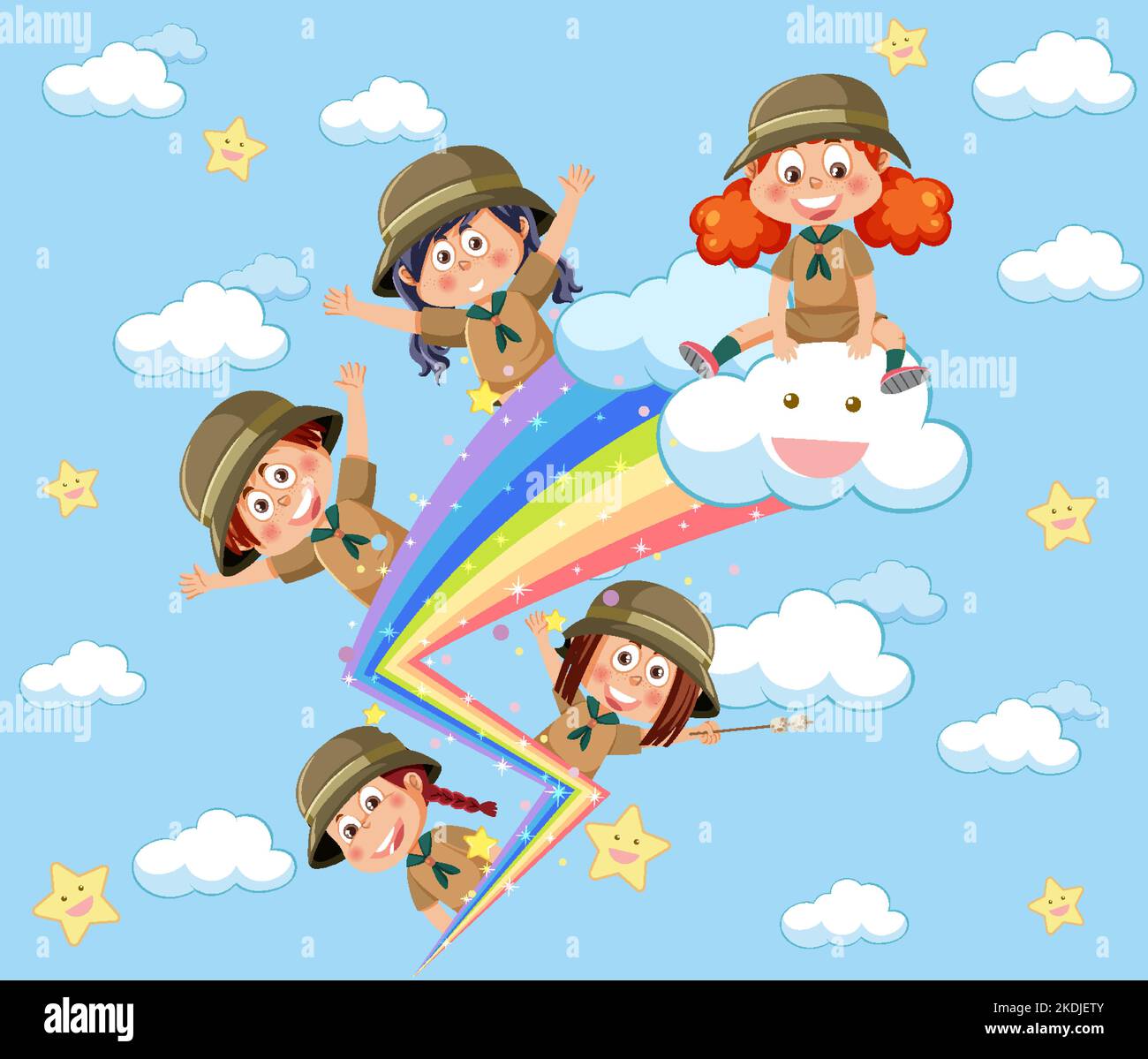 Happy kids in in the sky with rainbow illustration Stock Vector Image ...