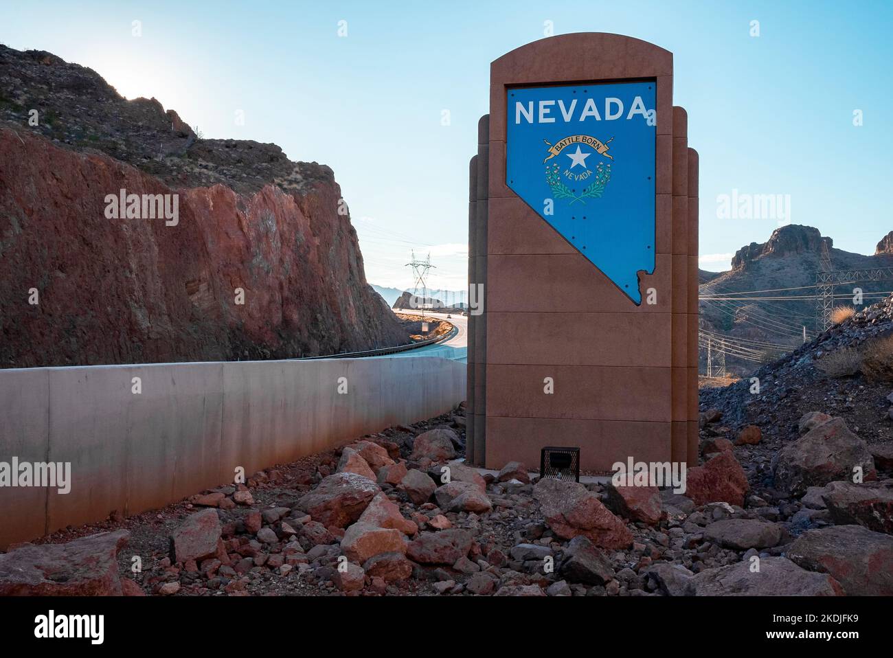 Battle Born Nevada Text Signboard By Bridge At Hoover Dam Stock Photo