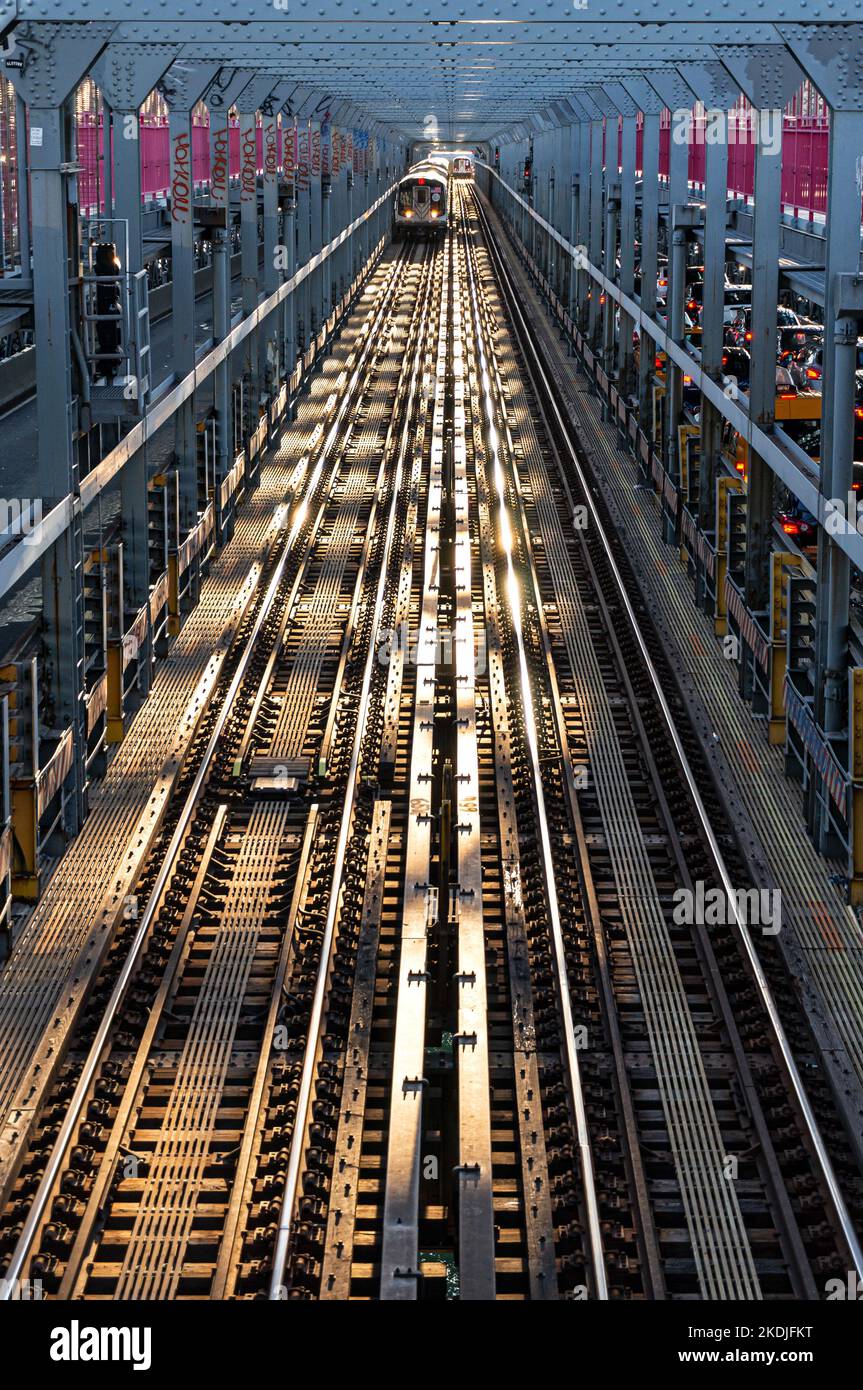 Metro train tracks on a bridge in New York City Stock Photo