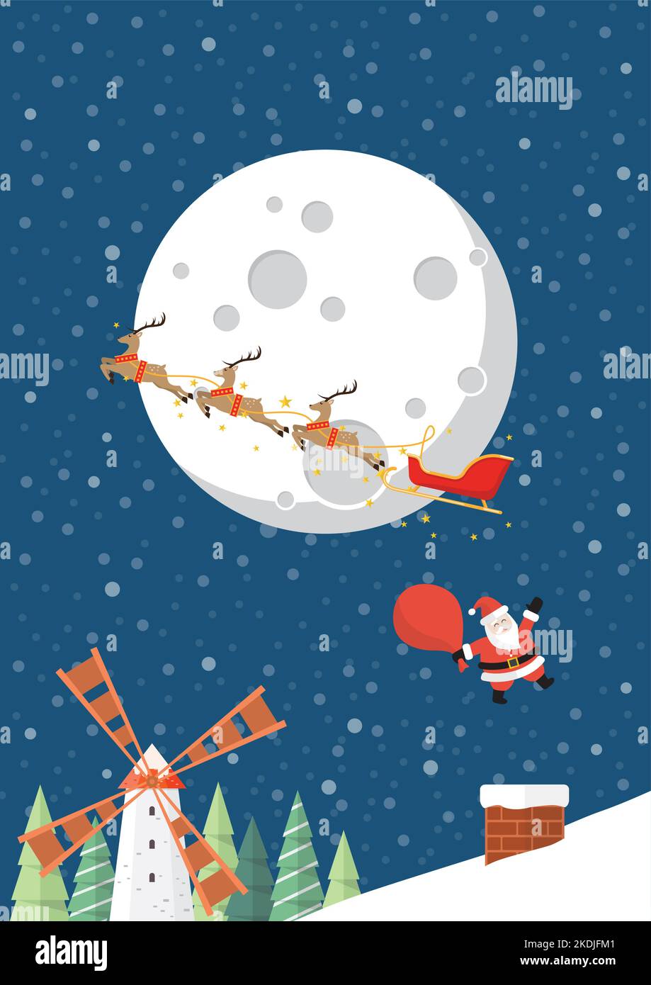 Santa Claus jumping from reindeer sleigh into the chimney at night. greeting card vector illustration Stock Vector