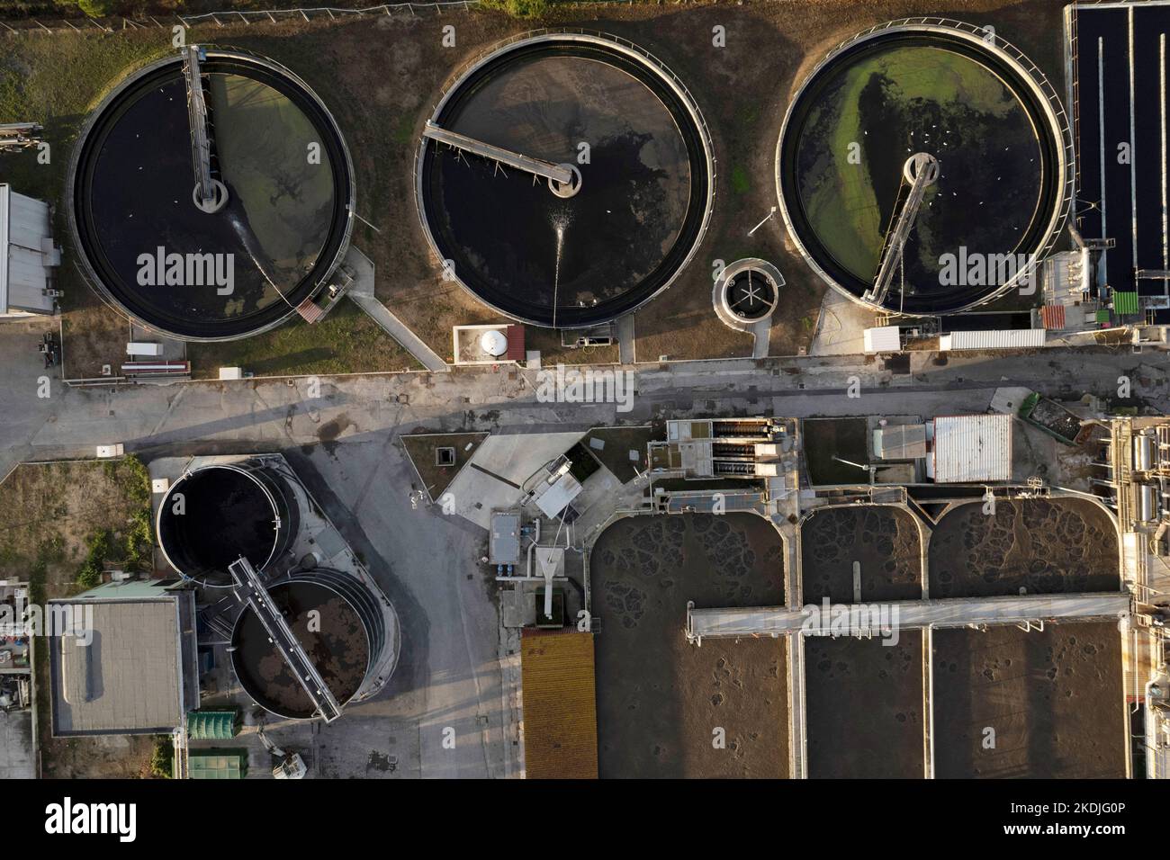 Aerial photographic documentation of a wastewater treatment plant in