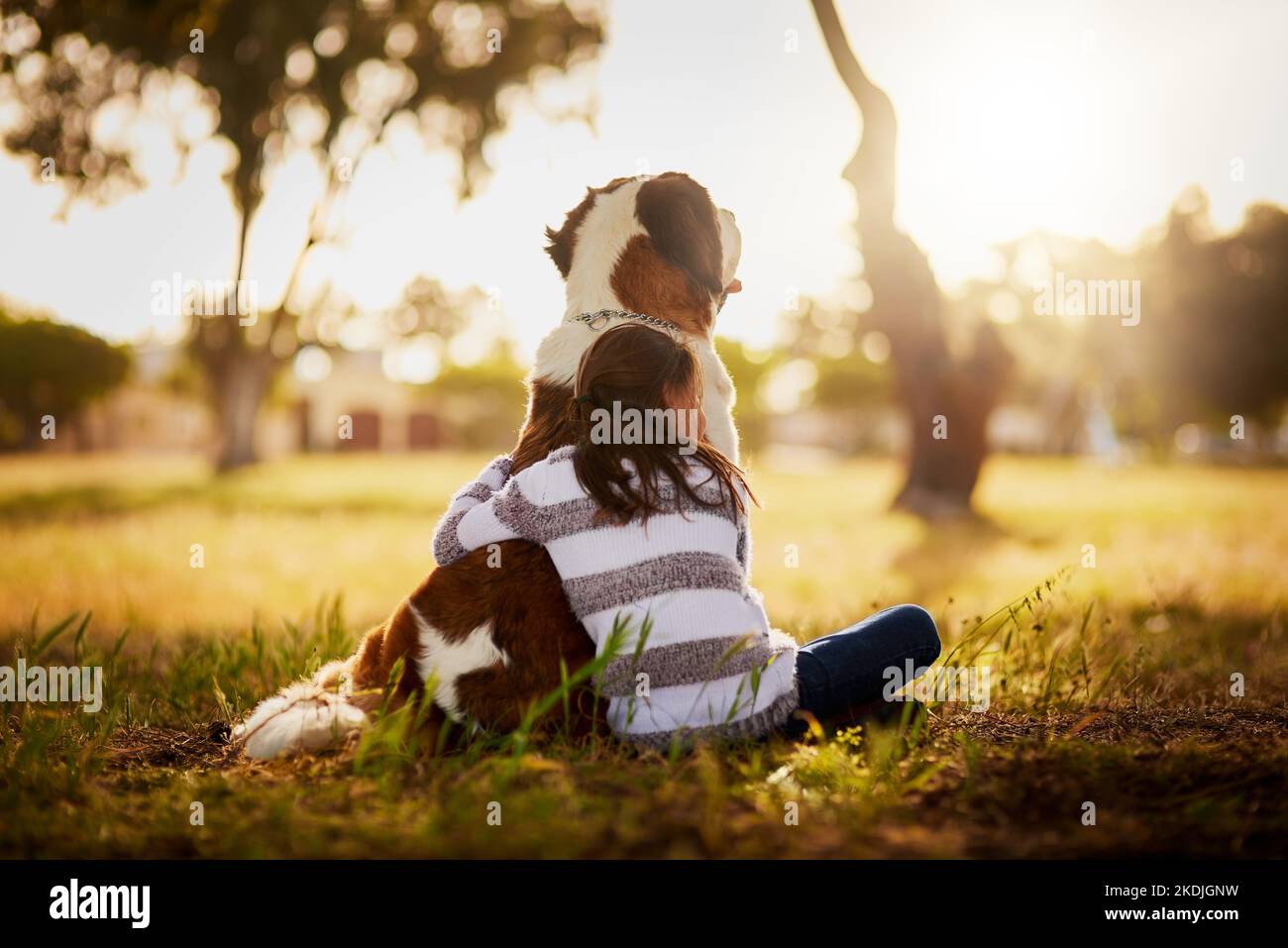 Love is a four-legged word. Rearview shot of a cute little boy hugging her dog while they sit outside. Stock Photo