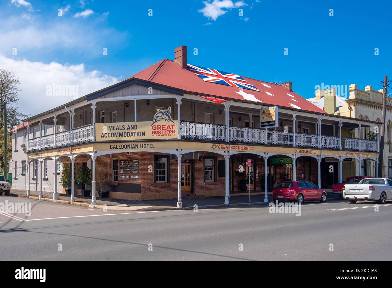 Caledonian hotel is a Victorian Filigree brick building with a wrap ...
