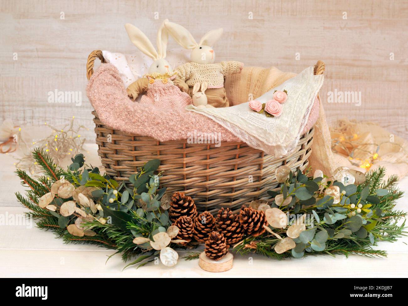 Decoration on the theme of childhood: Basket with fabric rabbits and ...