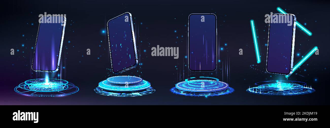 Futuristic holograms and podiums with 3D mobile phones. Mockups smartphone Stock Vector