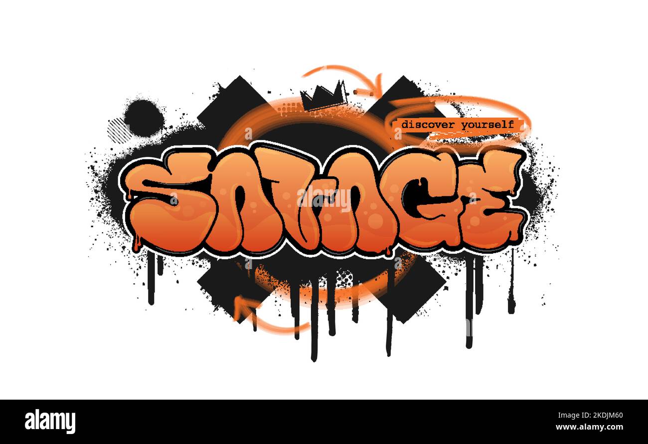 Orange phrase savage in graffiti style with paint splatter Stock