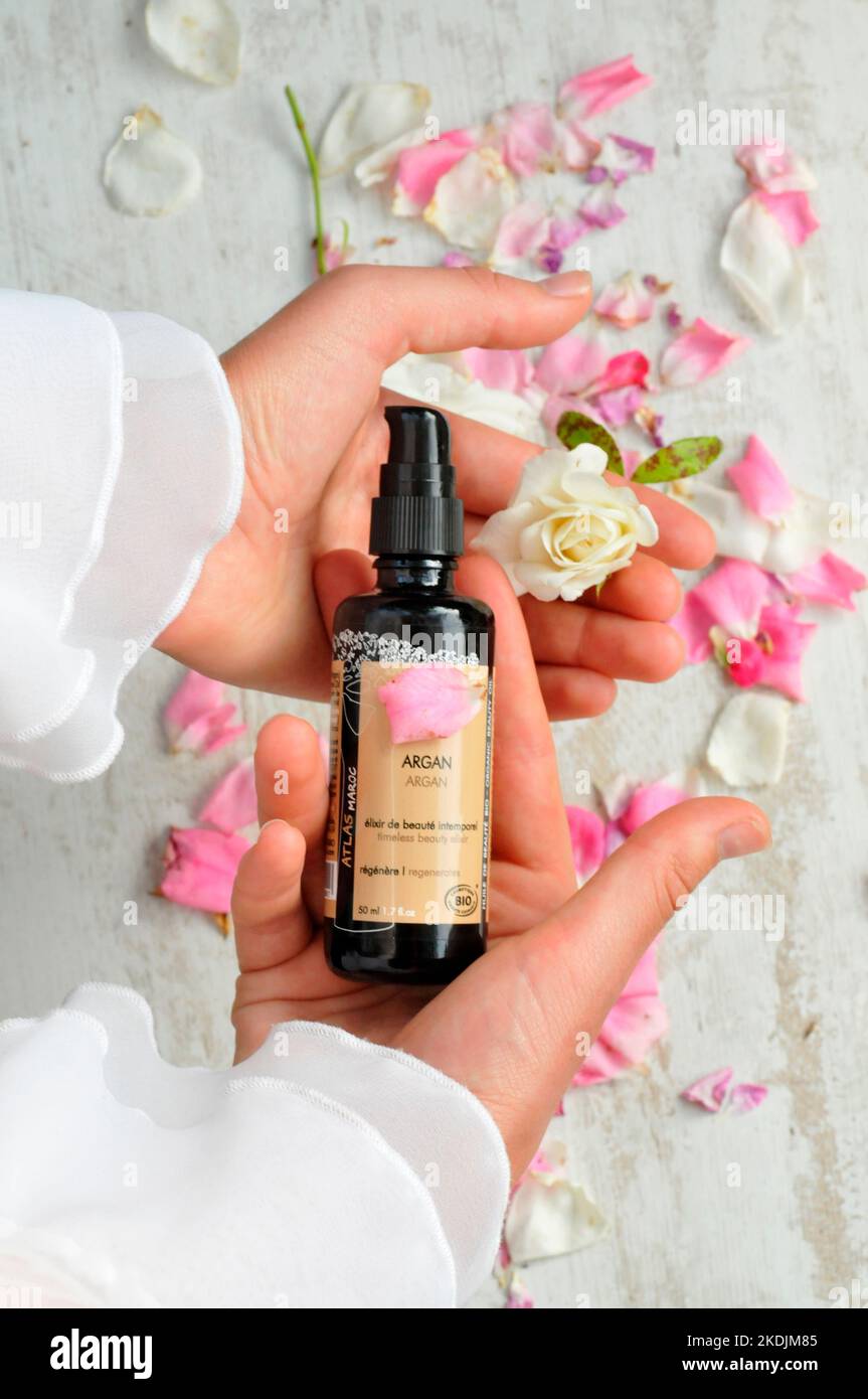 Argan oil, used in cosmetics, beauty by plants, revitalising, moisturising for the skin Stock