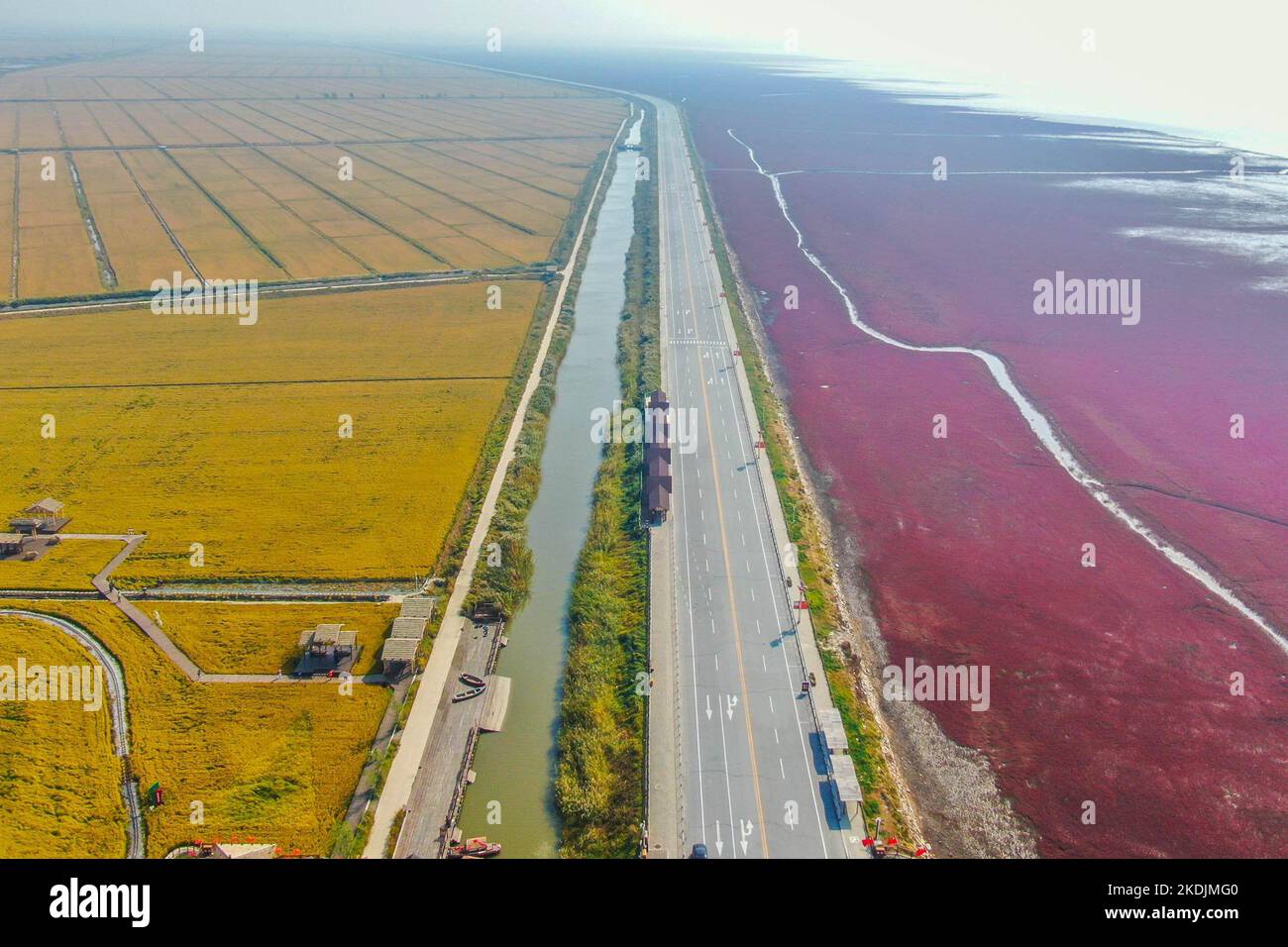 Panjin. 28th Sep, 2022. This aerial photo taken on Sept. 28, 2022 shows the paddy fields and the scenery of the Red Beach scenic area in Panjin, northeast China's Liaoning Province. Various types of wetlands have been found in the Liaohe River Delta. The tidelands there are covered by the suaeda salsa, which turn red on the beach in autumn. Credit: Wang Yijie/Xinhua/Alamy Live News Stock Photo