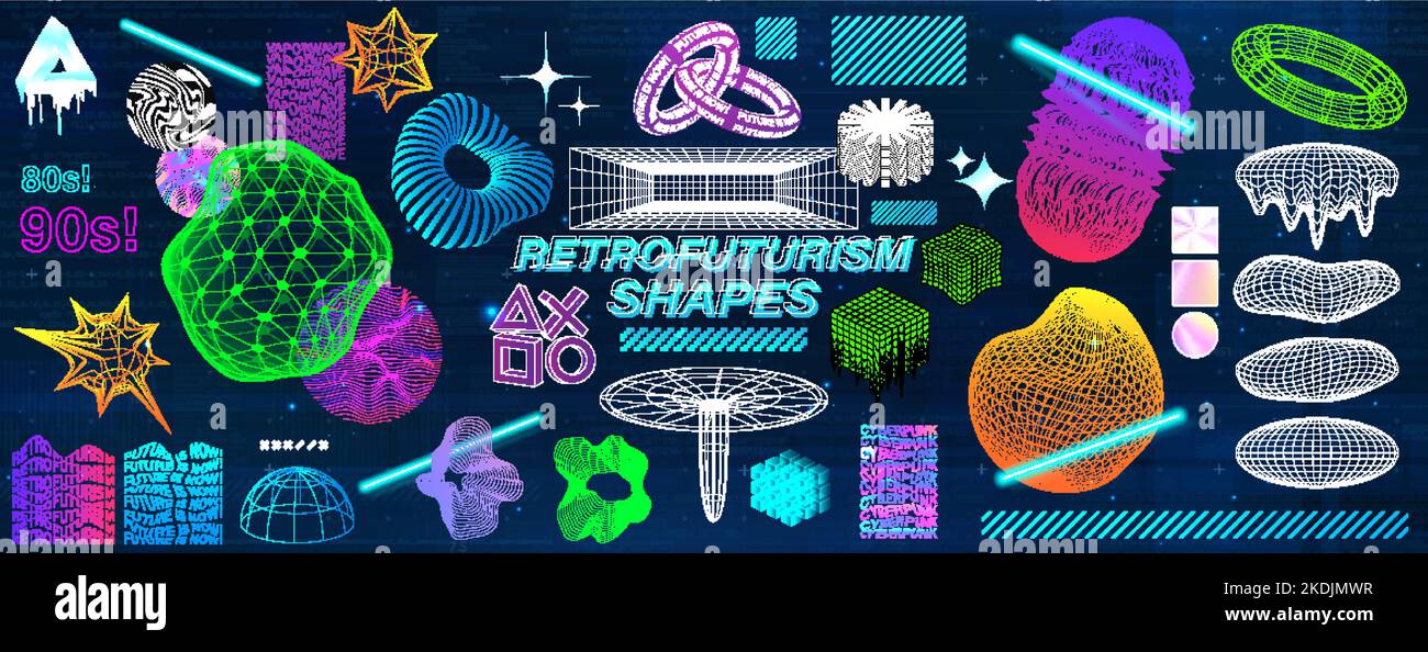 Retrowave and retrofuturistic trendy geometric shapes collection from 80s-90s Stock Vector