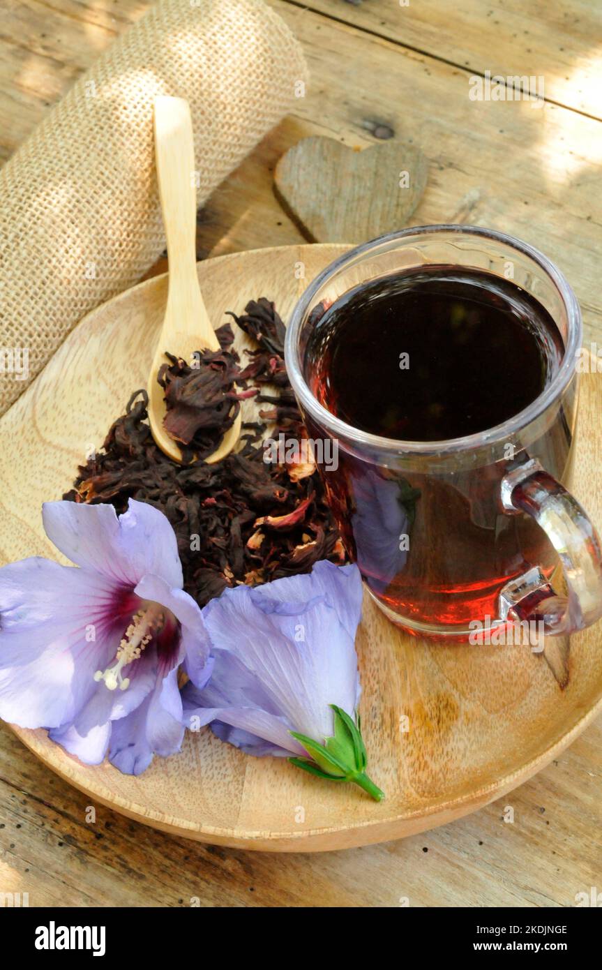 Hibiscus flowers and dried flowers with infusion Medicinal properties Stock Photo Alamy
