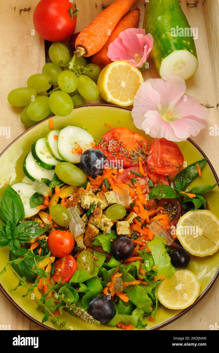 Vegetable summer dish based on fruits, vegetables and edible flowers